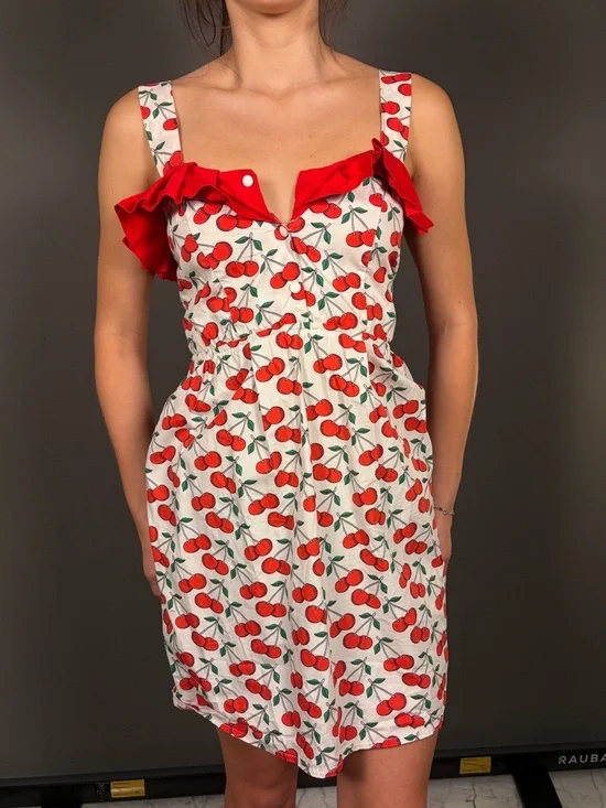Topshop White Cherry-Print Mini Dress with Red Ruffle - Picture 2 of 3